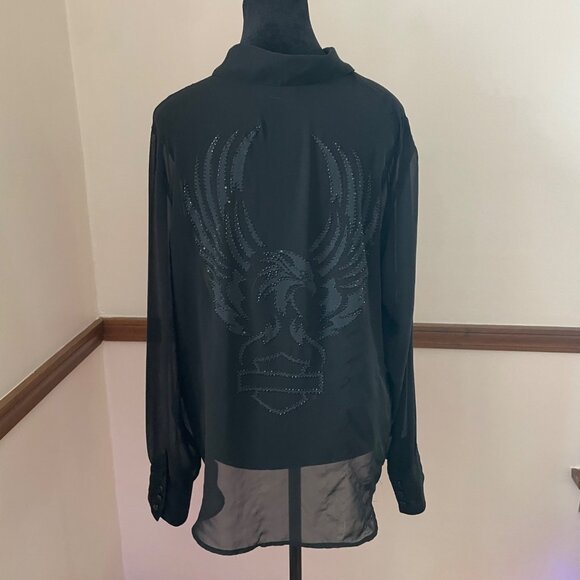 Harley Davidson Plus Size 1X Sheer Black Button Down Rhinestone Logo Top Womens - Picture 2 of 12